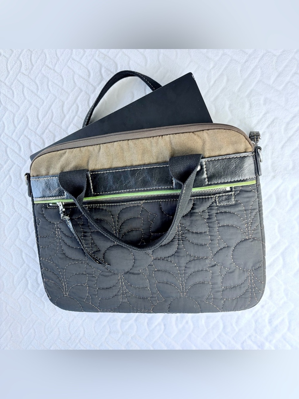Fossil Embroidered Quilted Messenger Laptop Bag Boho Floral Stitching